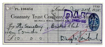 Douglas Fairbanks, Sr. Signed 1935 Check to the Bucks Club -- A Gentlemens Club in London
