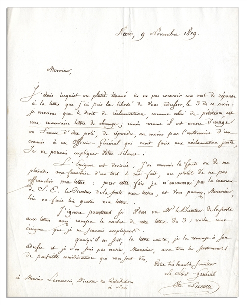 1819 Napoleonic General Edme Aime Lucotte Autograph Letter Signed -- ...It is a riddle that I cannot explain...
