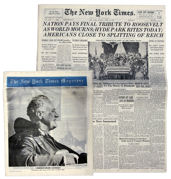 WWII New York Times Newspaper From the Week of Roosevelts Death -- 15 April 1945 -- With Special New York Times Magazine on FDRs Death