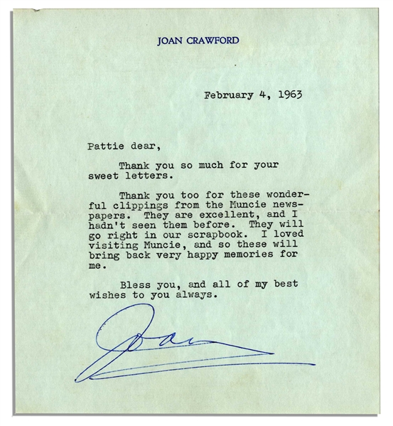 Joan Crawford 1963 Typed Letter Signed -- ''...Thank you too for these wonderful clippings from the Muncie newspapers...''