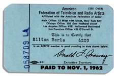 Milton Berles 1962 Membership Card to AFTRA