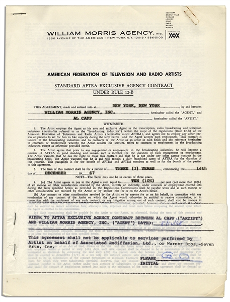 Three William Morris Agency Contracts, Each Signed Several Times by Comic Artist Al Capp