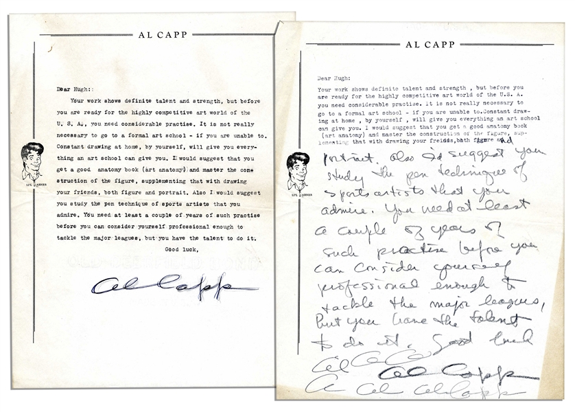 Two Al Capp Letters Signed to an Aspiring Artist Fan -- ...get a good anatomy book (art anatomy) and master the construction of the figure...