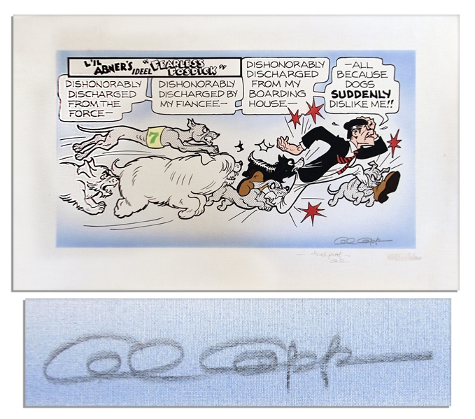 Lil Abner Litho Signed Al Capp in Pencil, Labeled trial proof & Signed Again Al -- Fearless Fosdick Runs From a Pack of Dogs -- 36 x 22.5 on Fabric -- Very Good