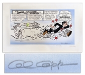 Lil Abner Litho Signed Al Capp in Pencil, Labeled trial proof & Signed Again Al -- Fearless Fosdick Runs From a Pack of Dogs -- 36 x 22.5 on Fabric -- Very Good