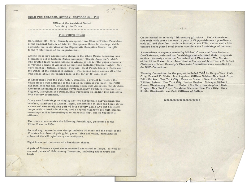 Press Release From 1961 Pertaining to Jackie Kennedys Famous Renovation of the White House