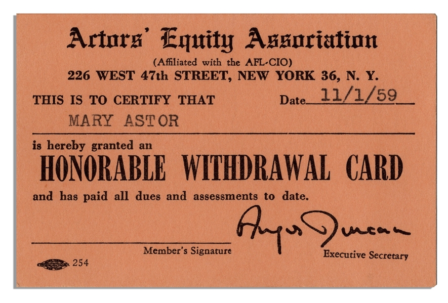 Mary Astors Union Card, Given to Her Upon Her Retirement -- From the Actors Equity Association