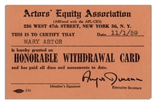 Mary Astors Union Card, Given to Her Upon Her Retirement -- From the Actors Equity Association