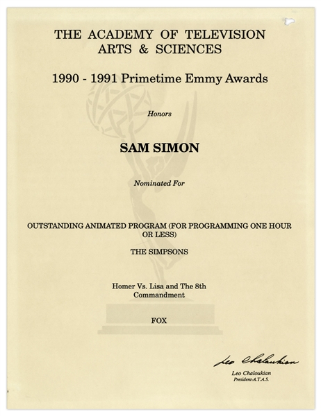 Emmy Nomination for ''The Simpsons'' Episode of ''Homer Vs. Lisa'' Given to Sam Simon in 1991 -- From the Sam Simon Estate