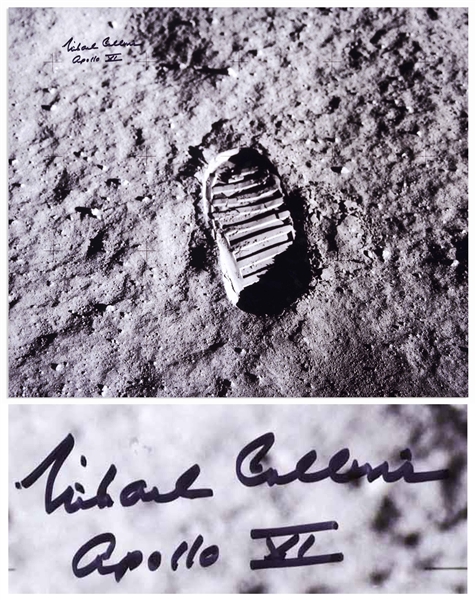 Michael Collins Signed 20'' x 16'' Photo of the Footprint Upon the Moon