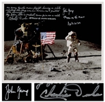 John Young and Charlie Duke Signed 10 x 8 Lunar Photo of Young Saluting the U.S. Flag During the Apollo 16 Mission -- Duke Additionally Writes, Hey John...Come give me a salute
