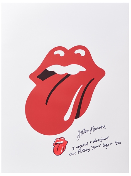 John Pasche Hand-Drawn and Signed Tongue and Lips Artwork on a Rolling Stones Lithograph Poster