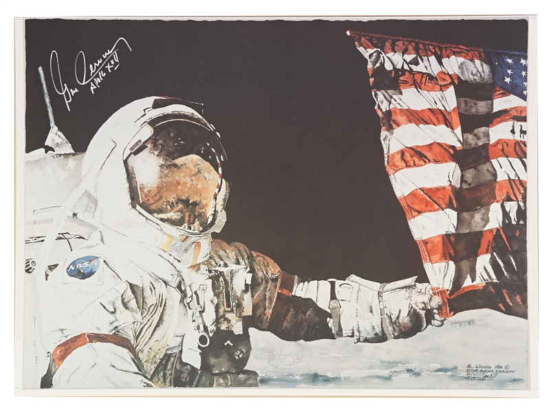 Gene Cernan Signed Moon Landing Artwork -- As Commander of the Apollo 17 Mission, Cernan Was the Last Man to Walk on the Moon -- With Novaspace COA