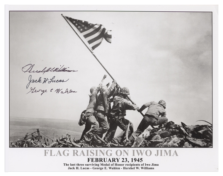 Iwo Jima Photo Signed by Three Medal of Honor Recipients of the Battle -- Large Photo Measures 12.75'' x 10''