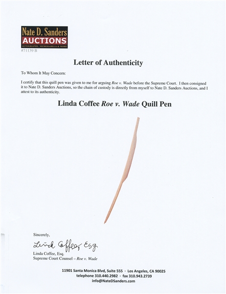 Linda Coffee's Roe v. Wade Archive -- Includes Affidavit Signed by Norma McCorvey aka Jane Roe, Quill Pens Given to Coffee for Arguing Roe v. Wade Before the Supreme Court, Case Documents & More