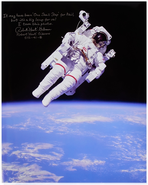 Astronaut Robert Hoot Gibson Signed 16 x 20 Photo of the First Untethered Spacewalk During STS-41-B