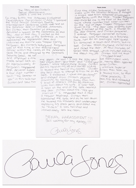 Paula Jones Handwritten, Signed Statement Regarding Bill Clinton Propositioning Her When She Was an Arkansas State Employee -- ...The Governor would like to meet with you...
