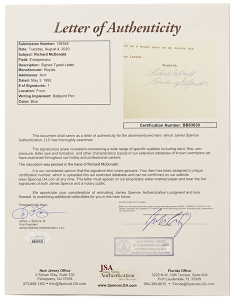 Richard McDonald Letter Signed ''Richard McDonald / Founder of McDonald's'' -- With PSA/DNA and JSA COAs