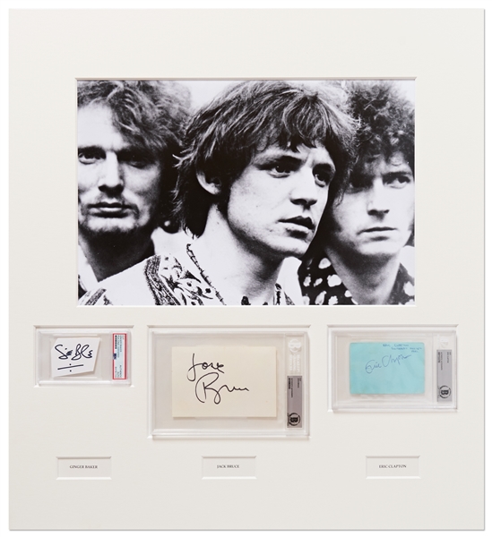 Huge 27.5 x 30 Signed Photo Display of the Rock Band Cream -- With PSA & Beckett Encapsulated Signatures of Eric Clapton, Jack Bruce & Ginger Baker