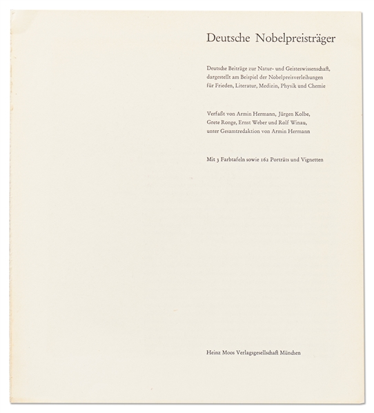 Werner Heisenberg Signed Book About German Nobel Laureates -- Also Signed by Five Additional Nobel Prize Winners