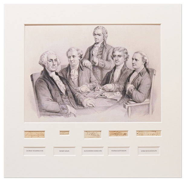 George Washingtons Cabinet -- Large 25.5 x 25 Display Signed by George Washington, Thomas Jefferson, Alexander Hamilton, Henry Knox & Edmund Randolph -- University Archives or PSA COAs for All