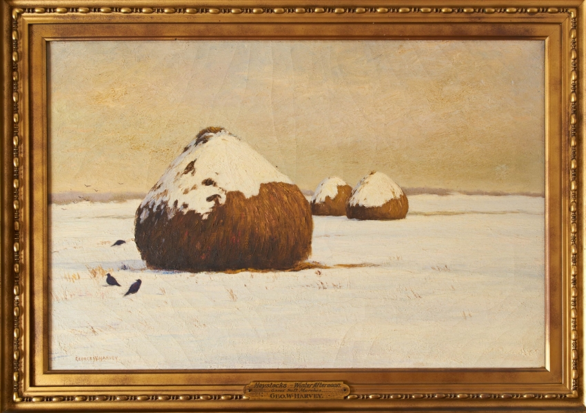 Oil on Canvas Painting by George W. Harvey Titled ''Haystacks - Winter Afternoon'' -- From the Estate of Moe Howard