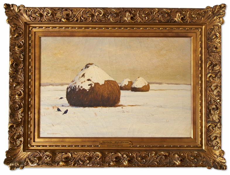Oil on Canvas Painting by George W. Harvey Titled ''Haystacks - Winter Afternoon'' -- From the Estate of Moe Howard