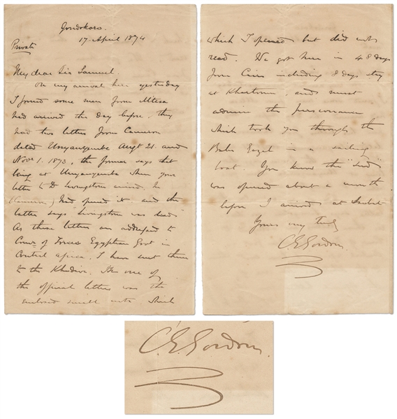 Charles George Gordon Autograph Letter Signed -- Gordon Writes About Learning of David Livingstones Death -- ...Livingstone is dead...