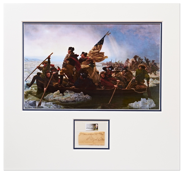 George Washington Encapsulated Signature, Matted with Washington Crossing the Delaware to Create a Powerful Visual Display Measuring 26 x 24.5