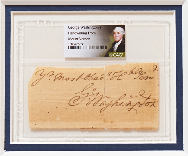 George Washington Encapsulated Signature, Matted with ''Washington Crossing the Delaware'' to Create a Powerful Visual Display Measuring 26'' x 24.5''