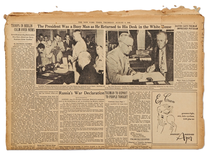 ''The New York Times'' from 9 August 1945 with Reporting on the Nuclear Bombing of Nagasaki