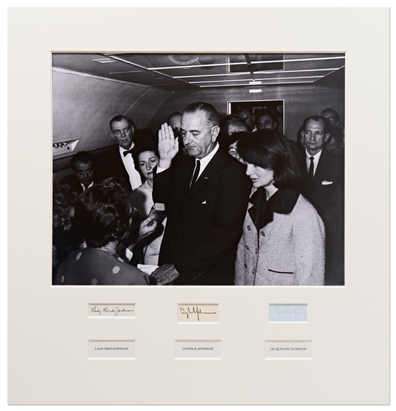Powerful Signed Photo Display of Lyndon B. Johnsons Inauguration Aboard Air Force -- Signed by Jackie Kennedy, Lyndon B. Johnson & Lady Bird Johnson, with PSA/DNA COAs for All Three