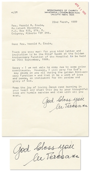 Mother Teresa Letter Signed -- ''God bless you / M Teresa''