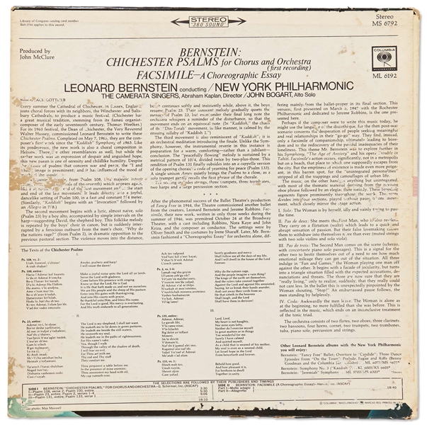 Leonard Bernstein Signed Album of ''Bernstein: Chichester Psalms for Chorus and Orchestra / Leonard Bernstein Conducting the New York Philharmonic''