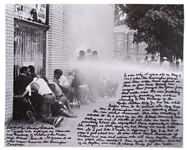 Handwritten & Signed 20 x 16 Photo Essay by Gwendolyn Sanders, Who Led the 1963 Student Protest in Birmingham, Alabama -- ...Birmingham firemen used these water hoses against us...