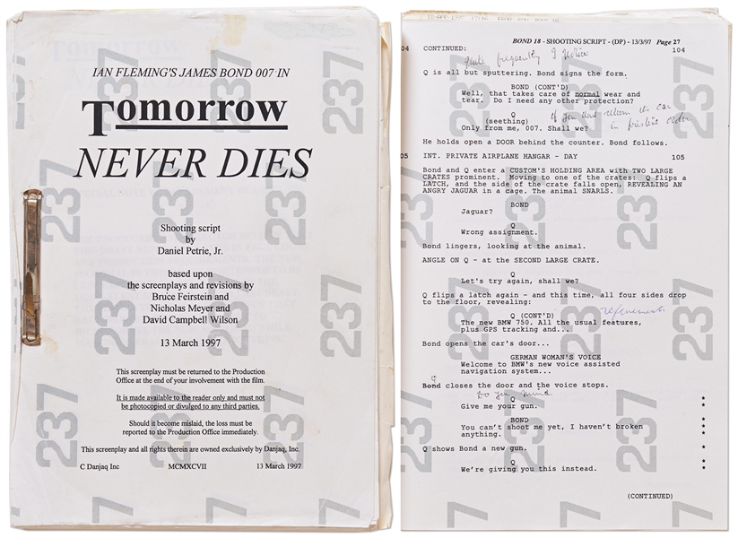 Archive Owned by ''Q'' in the James Bond Franchise, Desmond Llewelyn's Collection of 7 James Bond Scripts, 7 Call Sheets, ''Tomorrow Never Dies'' Photo Book & More