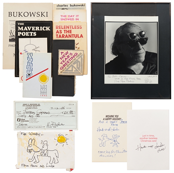 Fantastic Charles Bukowski Archive Including Signed First Editions, Original Art, Check Signed, Photo Signed & Letters Signed -- From the Estate of Bukowskis Close Friend & Pallbearer, Woody Copland