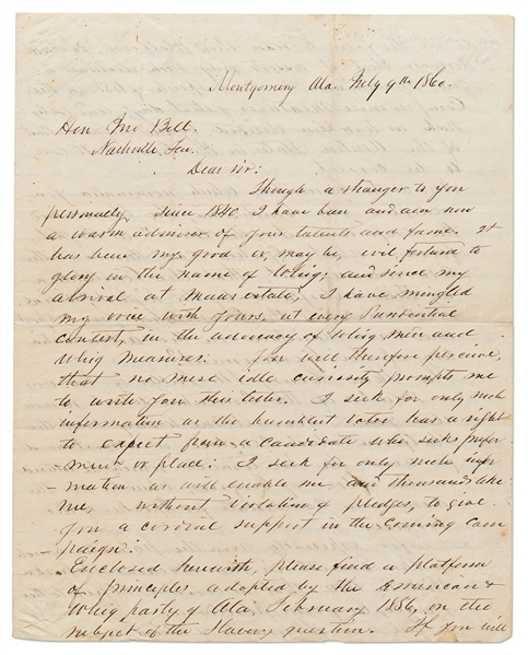 CSA Attorney General Thomas H. Watts Autograph Letter Signed -- Watts Asks the 1860 Presidential Candidate John Bell What His Position Is ''...on the subject of the slavery question...''
