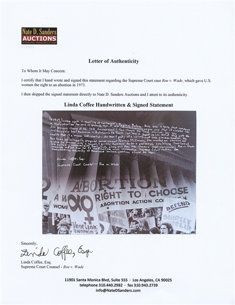 Linda Coffee Handwritten & Signed Statement on a 20'' x 16'' Photo -- Coffee Was Co-Counsel for the Supreme Court Case Roe v. Wade, Giving American Women the Right to an Abortion in 1973
