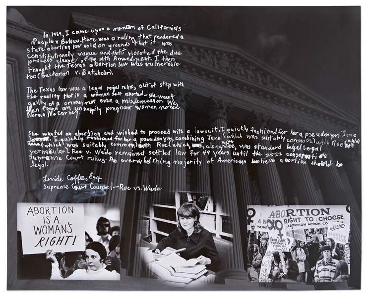Linda Coffee Handwritten & Signed Statement on a 20 x 16 Photo -- Coffee Was Co-Counsel for the Supreme Court Case Roe v. Wade, Giving American Women the Right to an Abortion in 1973