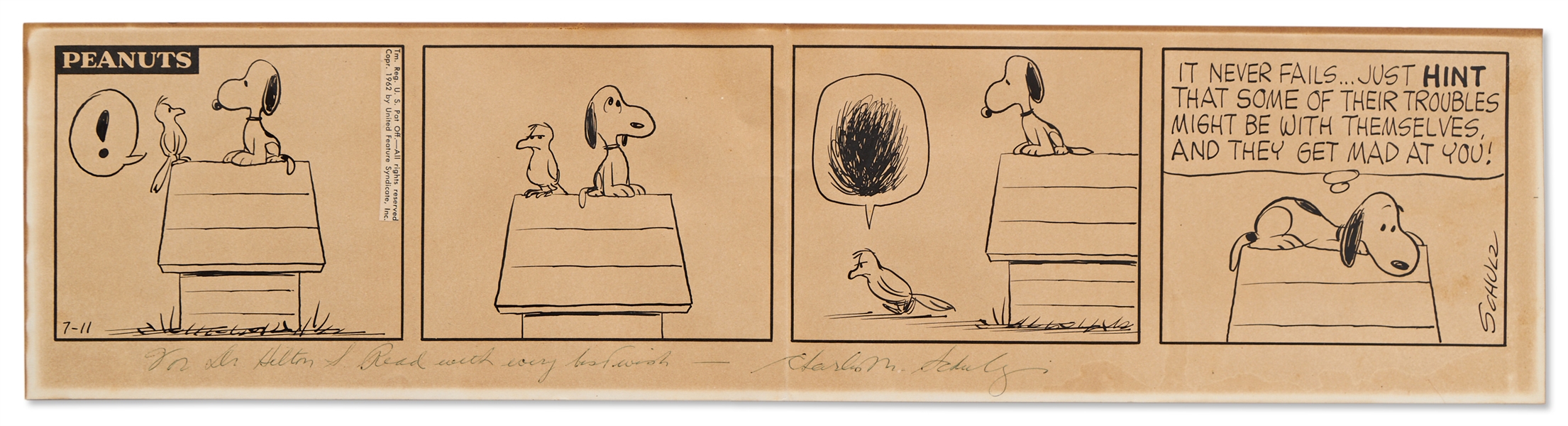 Original Charles Schulz Hand-Drawn Peanuts Comic Strip from 1962 -- Snoopy Befriends a Bird Whos Perched on His Doghouse