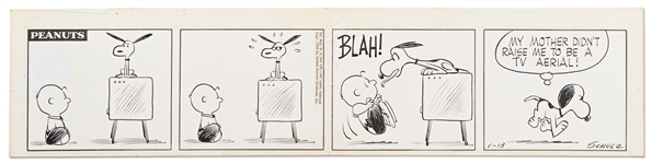 Charles Schulz Original Hand-Drawn Peanuts Comic Strip from 1960 Where Snoopy Walks on Four Legs -- Snoopy Resents His Ears Being Used as TV Antennae