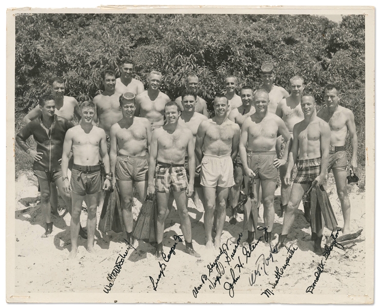 Mercury 7 Signed 10'' x 8'' Photo, Without Inscription -- The Mercury 7 Astronauts Pose with the Navy Frogmen Who Performed Splashdown Recovery -- With Zarelli COA