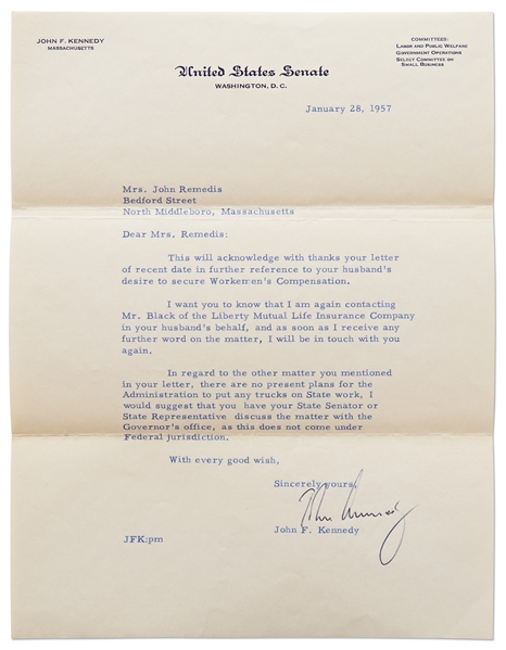 John F. Kennedy Letter Signed from 1957 as U.S. Senator -- With University Archives COA