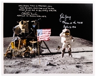 John Young and Charlie Duke Signed 10 x 8 Lunar Photo of Young Saluting the U.S. Flag During the Apollo 16 Mission -- Duke Additionally Writes, Hey, John...Come give me a big Navy salute