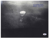 Russell Gackenbach Signed 14'' x 11'' Photo of the Hiroshima Bombing -- Gackenbach Was Navigator of the Photographic Plan ''Necessary Evil'', and Took This Famous Hiroshima Photo -- With PSA/DNA COA