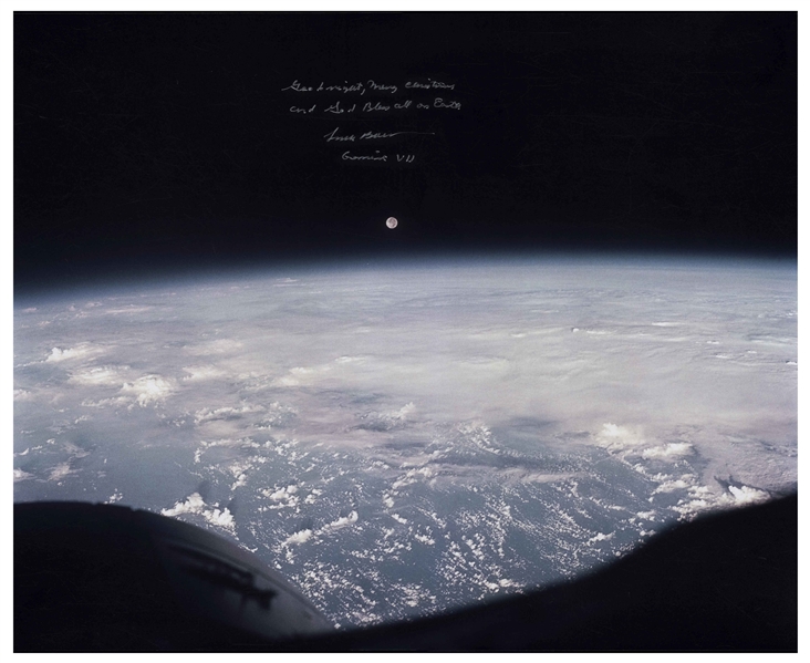 Frank Borman Signed 16'' x 20'' Photo of the Moon Rise from Gemini 7, With His Famous Christmas Message Penned: ''Good night, Merry Christmas and God Bless all on Earth / Frank Borman / Gemini VII''