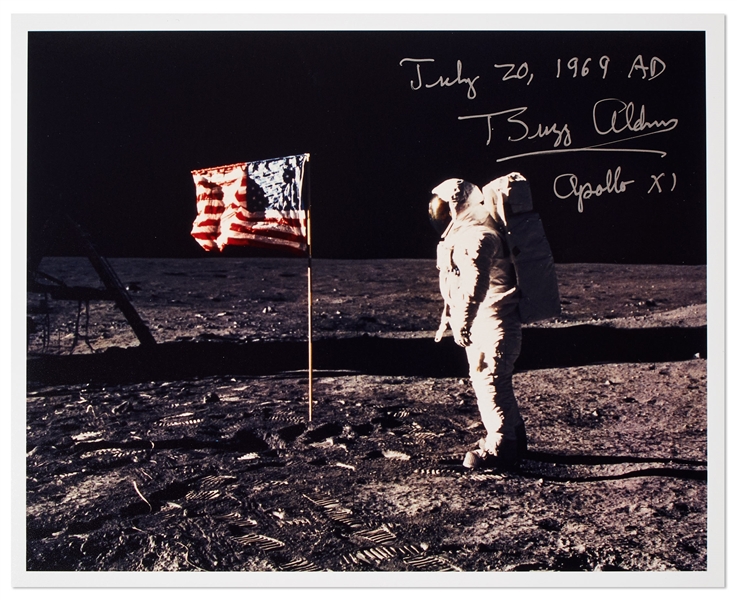 Buzz Aldrin Signed 10'' x 8'' Photo With Aldrin Also Writing ''July 20, 1969 AD'' -- Aldrin Stands in Front of the U.S. Flag on the Moon