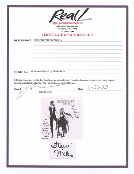 Stevie Nicks Signed ''Rumours'' Album -- ''I am so proud of you - you are stronger than anyone knew...Stevie Nicks'' -- With Epperson COA