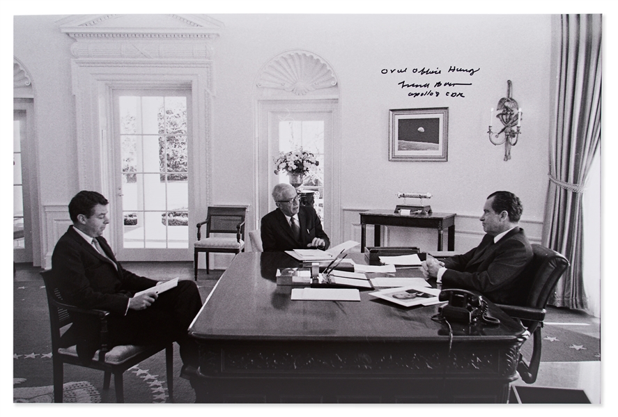 Frank Borman Signed 20'' x 16'' Photo of Richard Nixon in the Oval Office, With Borman's Famous ''Earthrise'' Photo Hanging on the Wall